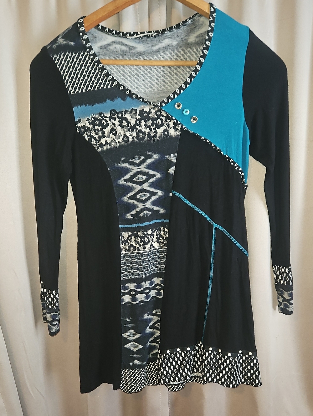Vintage Y2k Cottagecore Black & Teal Patchwork Tunic Top